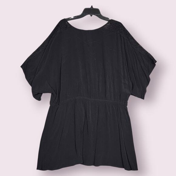 Karen Kane Peasant Long Blouse Black Lace Detail 3X Key‎ Hole Collar Boho - Picture 2 of 11